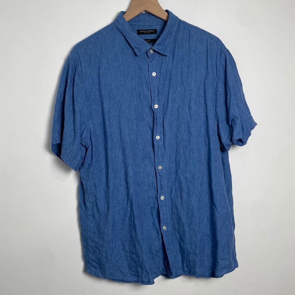 Banana Republic Linen Shirt Men XL Blue 100% Linen Short Sleeve Slim Fit Coastal